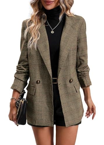 Mina Self Plaid Blazer Jackets for Women 2025 Brown Chocolate Fall Clothes Jacket Blouses Business Caual Outfits Tweed Airport Work Office Womens Clothing Blazers Trendy Fashion Women's Suit Outfit