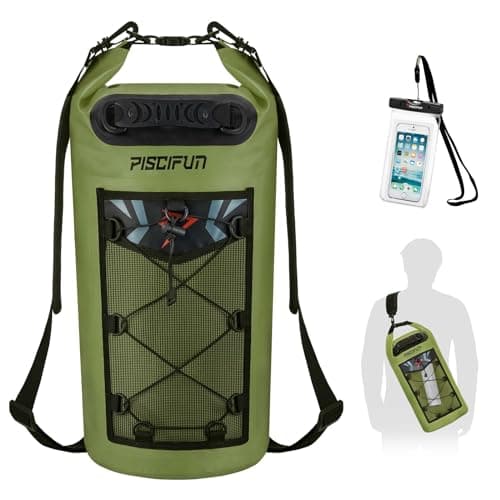 Piscifun Dry Bag, Waterproof Floating Backpack 20L with Waterproof Phone Case for Boating, Kayaking, Fishing, Army Green 20L