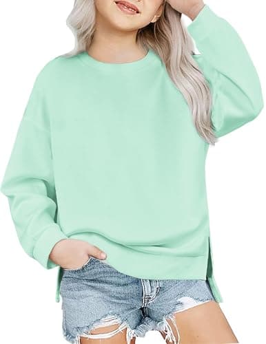 Arshiner Girls Crewneck Sweatshirt Long Sleeve Pullover Tops Drop Shoulder Sweatshirts Side Split Sweatshirt For Girls 12-14 Green Sweatshirt Kids