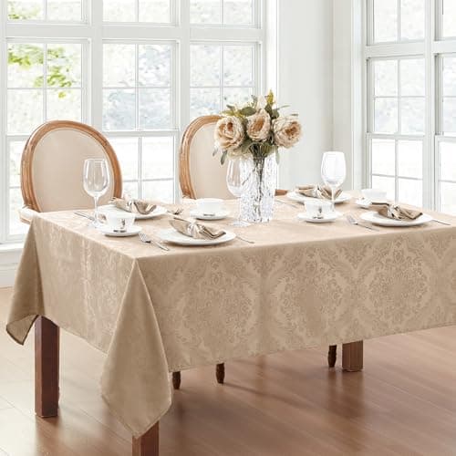 Elrene Home Fashions Caiden Elegance Damask Waterproof, Stain & Wrinkle Resistant Fabric Tablecloth, 60" x 144" Oblong/Rectangle, Taupe