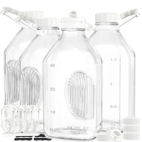 Syntic 4-Pack 2 Qt Glass Milk Bottles with Handle and Airtight Reusable Lids - 64 Oz Glass Juice & Water Bottles, Milk Jug Pitcher