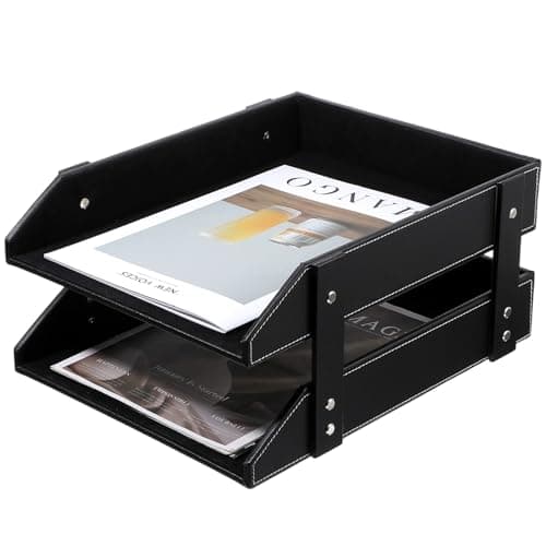 2-Tier Stackable Leather Desk Organizer, Letter Tray Holder for File, A4 Paper, Magazine & Stationery, Desktop Storage Box for Office & Home (Black)