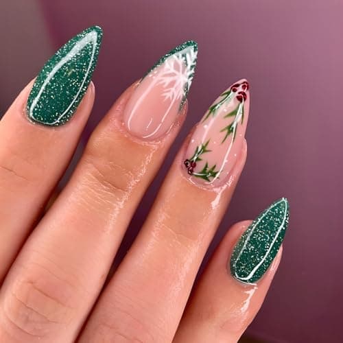 Christmas Press on Nails Almond Green Glitter Fake Nails Medium French Tip False Nails with Snowflake Designs Acrylic Nails Xmas Glue on Nails Glossy Medium Artificial Nails Stick on Nails for Women