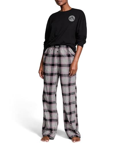 Victoria's Secret Cotton Tee Pajama Set, Long Sleeve Cotton Shirt and Long Flannel Pajama Pant Set, Sleepwear for Women, Black & Pink Plaid (S)