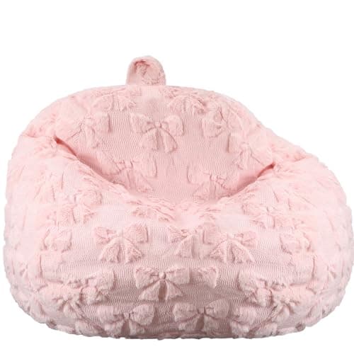 Gilprop Pink Bow Stuffed Animal Storage Bean Bag Chair Cover (No Filler) Fluffy Fuzzy Plush Bean Bag Chair for Teens Adults Soft Faux Cover for Organizing Plush Toys Clothes Home Supplies