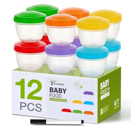 Hlukana 12 Pack Leakproof Baby Food Storage Containers, 4 oz Plastic Baby Food Jars with Lids, Reusable Small Baby Food Jars, Lock in Freshness, Freezer & Dishwasher Safe, BPA Free, Snack Container