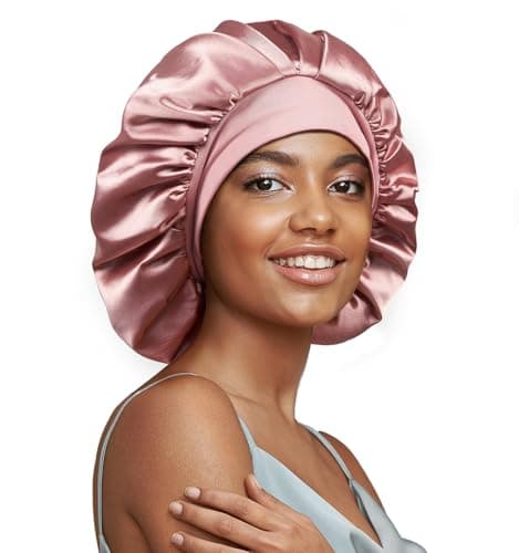 Umisleep 22 Momme 100% Real Mulberry Silk Bonnet for Sleeping Women, Large Hair Care Bonnet for Long Curly Hair, Double Layer Silk Hair Wrap with Soft Elastic Band, Non-Slip Sleep Cap, Pink