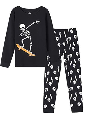 MyFav Boys Pajama Glow in Dark Skull Pjs Cotton Long Sleeve Casual Snug Fit Sleepwear, Skull, 8 Years