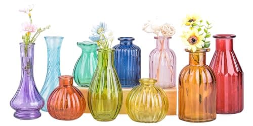 Eleganttime Bud Vases for Flowers,Glass Colored Bud Vase in Bulk Set of 10,Small Vintage Vase Bottle for Wedding Decorations,Garden and Home Decor,Centerpieces,Colorful Mexican Décor
