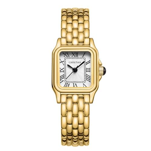 CHEETAH Watches for Women with Small Vintage Bracelet, Gold White Face, Rectangular Case, Roman Dial