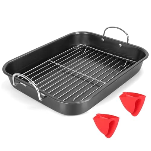 Nonstick Roasting Pan with Rack, 14.5x11.4’’ Baking Pan for Oven with Rack & Silicon Hand Clip, Heavy Duty Dishwasher Safe Rectangular Lasagna Pan with Handle for Turkey Chicken, Dark Grey
