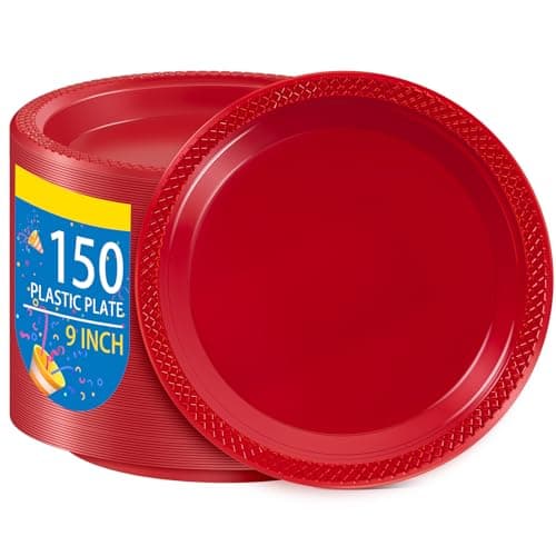 WELLIFE Red Party Plates 9 Inch -150 Count, Plastic Disposable Plates for Dinner Party Easter Mother's Day