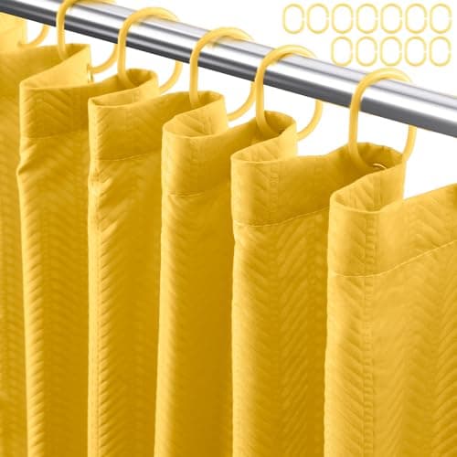 Eazzier Bath Yellow Fabric Shower Curtain or Liner - Leaf Weave Textured Thin Cloth Shower Curtains for Bathroom, Hotel Luxury Light Weighted Bath Curtain Set with 12 Hooks,72x72, Yellow