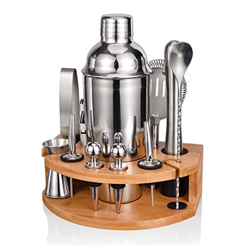 Esmula Bartender Kit with Stylish Bamboo Stand, 12 Piece 25oz Cocktail Shaker Set for Mixed Drink, Professional Stainless Steel Bar Tool Set, Gift for Man Dad- Cocktail Recipes Booklet (Silver)