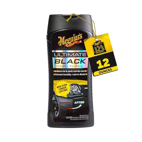 Meguiar's Ultimate Black Plastic Restorer, Durable Car Restorer for Faded Black Plastic, Vinyl, and Rubber, Restores Deep Color and Shine, for Car Guys, 12 Oz