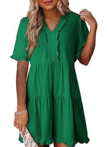 Dokotoo Womens Dresses Spring Summer Short Sleeve Dress V Neck Tunic Dresses Casual Solid Flowy Swing Shift Dress A Line Babydoll Mini Dress for Wedding or Graduation Dark Green Dresses for Women S