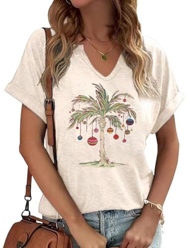 Womens V Neck Christmas Shirt Merry Christmas Holiday Graphic Tees Family Holiday Xmas T-Shirts Gift Tops(A Beach-Beige,XL)