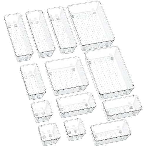 SMARTAKE 13-Piece Drawer Organizers with Non-Slip Silicone Pads, 5-Size Desk Bathroom Drawer Organizer Trays Storage Tray for Makeup, Jewelries, Utensils in Bedroom Dresser, Office and Kitchen, Clear