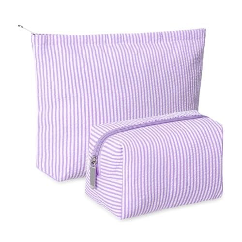Huhumy 2 Pieces Makeup Bag Set Cute Cosmetic Pouch for Women Seersucker Travel Toiletry Bag Preppy Small Makeup Purse Pouch Aesthetic Skincare Brushes Storage Organizer for Christmas Women(Purple)