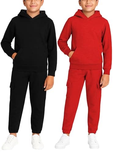 Quad Seven Boys Sweat Suit Set - 4 Piece Soft Fleece Pullover Hoodies and Athletic Cargo Jogger Sweatpants for Boys (5-18), Size 8-10, Black/Red