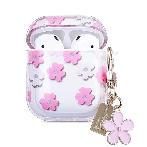 ULAK Compatible with Airpods Case Cover, Clear with Designed Soft TPU Shockproof Protective Cover Accessories with Keychain for AirPod 2nd & 1st Generation [Front Led Visible], Pinkflower