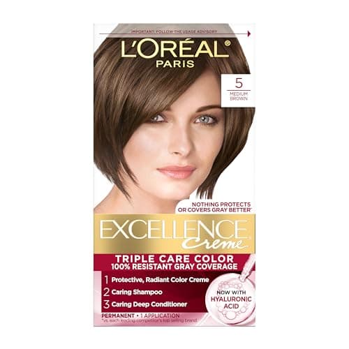 L'Oreal Paris Excellence Crème Permanent Hair Dye, Triple Care Hair Color with Pro-Keratine Complex for 100% Gray Hair Coverage, 5 Medium Brown, 1 Kit