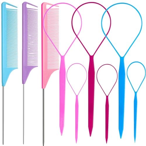 9pcs Topsy Hair Tail Tools & rat tail combs set, 6pcs Ponytail Pull Through Tool 3pcs Long Steel Pin Combs, Turvy Loop Styling Tool for Woman & Girl Hair Styling (Pink,Purple, Blue) Linmxiy
