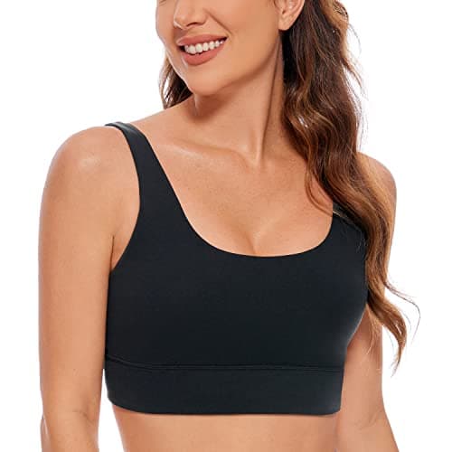 CRZ YOGA Butterluxe Womens U Back Sports Bra - Scoop Neck Padded Low Impact Yoga Bra Workout Crop Top with Built in Bra Black Medium