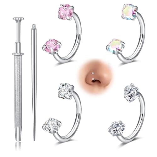 Longita Horseshoe Nose Ring for Women Double Gem Horse Shoe Nose Ring Hoop 18g Surgical Steel Silver Cartilage Helix Tragus Earring Hoops Labret Lip Piercing Jewelry Small Septum Rings 18 Gauge 4pcs