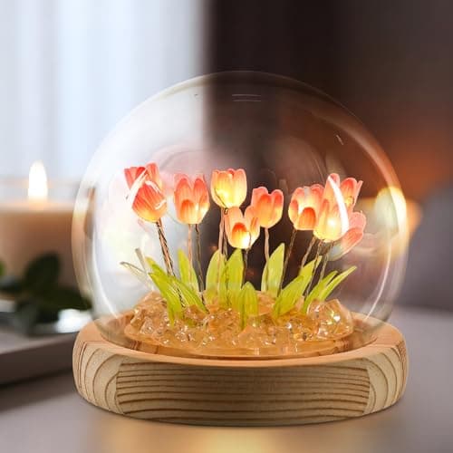 ONXE Valentines Day Gifts for Her, Birthday Gifts for Women, Flower Lamp Night Light for Bedroom Decor, Light Up Tulips in A Glass Dome for Girlfriend Wife Mothers Day Gift