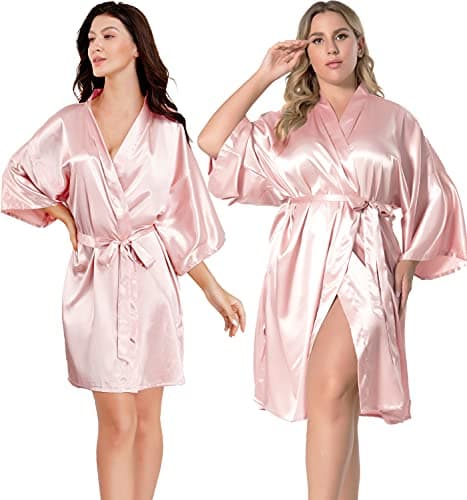 EPLAZA Women Silky Satin Robe Wedding Bridal Party Bride Bridesmaid Robes Kimono Loungewear Dressing Gowns (Pink, Tag LXL)