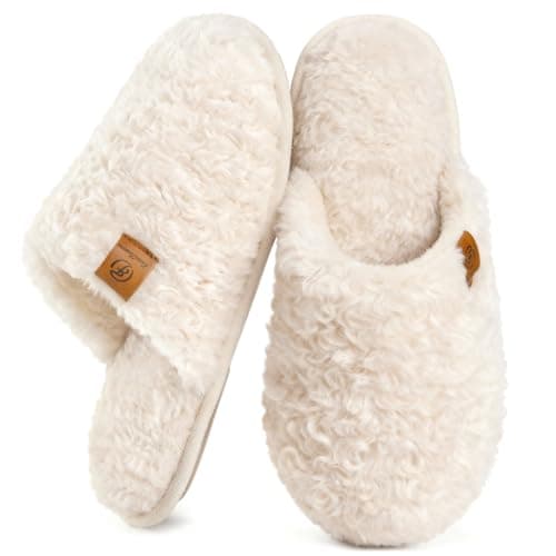 EverFoams Women's Fuzzy Slip-on Slippers Warm Cozy Soft Lightweight Memory Foam Indoor House Shoes Cream White, 7-8 US
