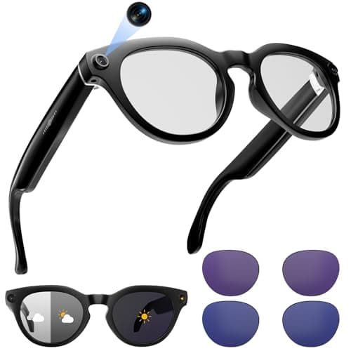 AI Smart Glasses with Camera, 2K Camera Glasses,12MP Video Recording Glasses, Real Time Translation, AI Voice Assistant,Sunglasses with 3 Pack Lenses - Photochromic Lenses,Purple and Blue Lenses