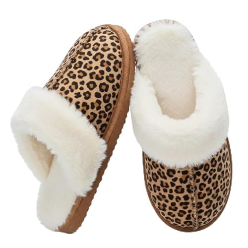 OOW Fuzzy Slippers for Women Cozy Faux Fur House Shoes Winter Warm Memory Foam Slippers for Indoor and Outdoor Leopard Size 7