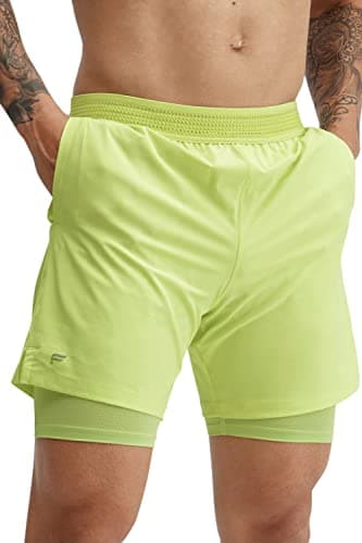 Fabletics Men's The Fundamental Short (Lined), Workout, Running, Training, Gym, Yoga, Ultra Lightweight, Athletic, 7" Inseam, L, Faded Lime