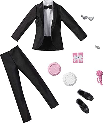 Barbie Fashion & Accessories Pack, Bridal Set with Groom Outfit for Ken Doll with Tuxedo, Shoes, Watch, Wedding Cake with Tray & Bouquet