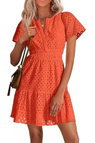 PRETTYGARDEN Womens 2025 Summer Short Dress V Neck Short Sleeve A Line Hollow Out Lace Ruffle Cute Casual Beach Party Dresses (Orange,Small)