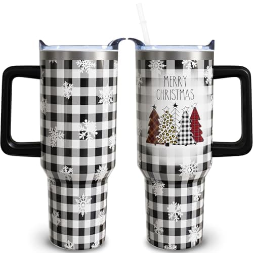40 oz Christmas Tumblers with Handle and Straw, Christmas Tree Buffalo 40oz Stainless Steel Vacuum Insulated Travel Coffee Mug Cup Water Bottle, Christmas Decor Stuff Accessories Gifts for Women