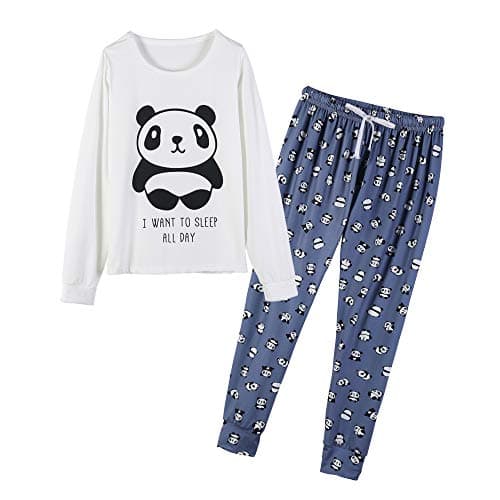 YIJIU Women's Sleepwear Long Sleeve Top and Pants Pajama Set Panda Print Nighty, Blue, Small