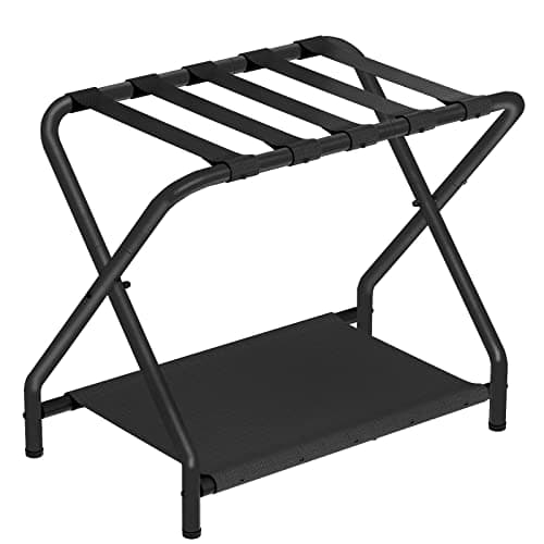 HOOBRO Luggage Rack, Folding Suitcase Stand with Fabric Storage Shelf for Guest Room, Bedroom, Hotel, Holds up to 100 lb, 27 x 15.3 x 22 Inches, Space Saving, Black BK04XL01