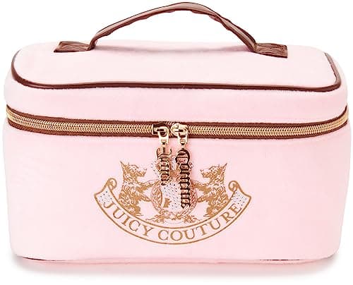 Juicy Couture Pink Makeup Bag Cosmetics Organizer Travel Essentials Train Case Gold Terroir Dog Rhinestone Crown Velour