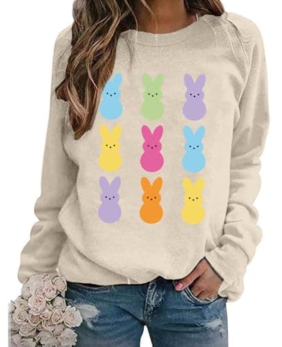 Easter Sweatshirts for Women Easter Sweaters Bunny Rabbit Graphic Shirt Cute Bunny Long Sleeve Pullover Tops Apricot