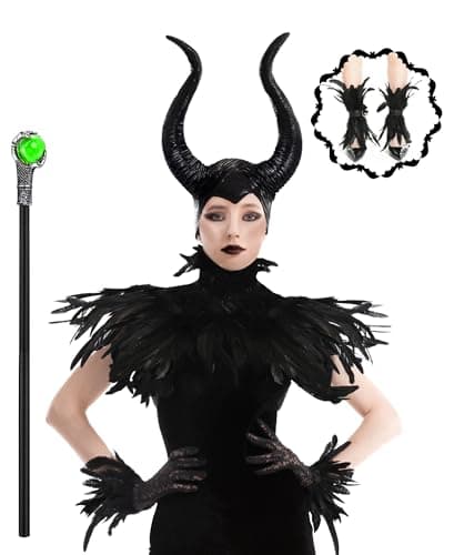 Women's Halloween Maleficent Costume, Gothic Black Crow Darkness Suits with Horn, Staff, Feather Cape Shawl and Long Lace Gloves and Footcovers for Adult Evil Witch Maleficent Queen Cosplay Party