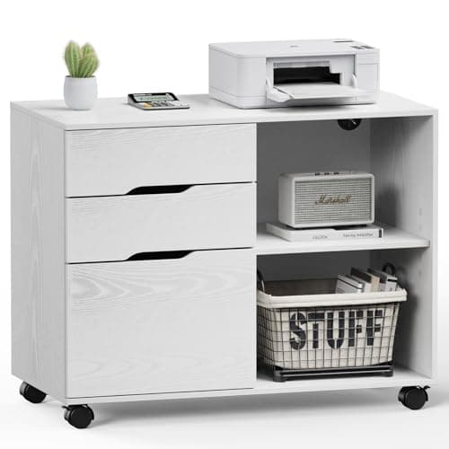 DUMOS Lateral File Cabinet with 3 Drawers Rolling Filing Cabinets Under Desk Storage Printer Stand Wood Organizer with Wheels Adjustable Shelf for Office Home Small Space, White