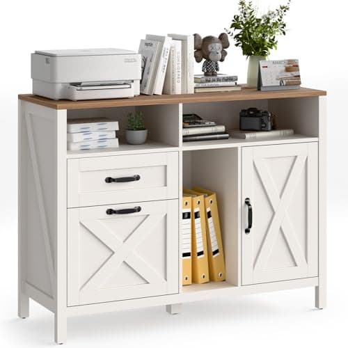 Lateral File Cabinet with 2 Drawers and Door, Farmhouse File Cabinet for A4/Letter Size Hanging Files, Large Wood File Storage Cabinets Printer Stand with Open Space for Home Office Furniture, White