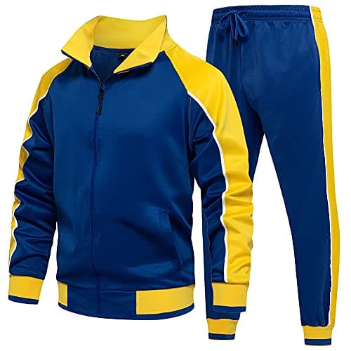 DUOFIER Men Tracksuit Set Full-Zip Sweatshirt Jogger Sweatpants Warm Sports Suit Gym Training Wear, 49Blue-M