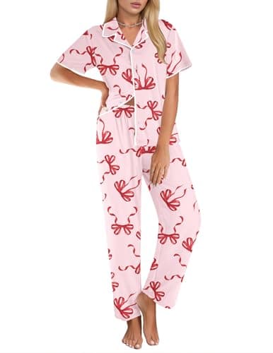 Ekouaer Women's Pajama Sets Button Down Loungewear Short Sleeve Sleepwear 2 Piece Pants Pjs Set with Pockets Pink Bow L