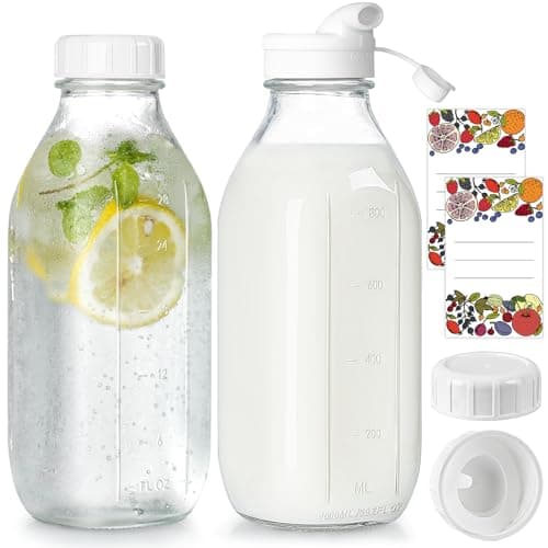 Milk Bottle with Dispenser Cap, 100% Airtight Heavy Duty Screw Lid. 2 Pack 32 Oz Reusable Glass Bottles with 3 Lids! Breast Milk Jug Pitcher, Buttermilk, Water, Juice Bottles w Cap, Syrup, Honey