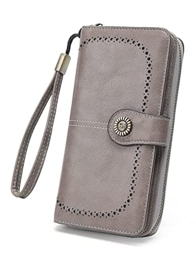 JJUQ Womens Wallet Leather Large Capacity Card Holder Zipper Wristlet Wallets for Women-grey