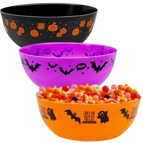 Zcaukya 3 Packs Halloween Candy Bowls, 9.6" Plastic Trick-Or-Treat Holders Pattered with Bat Ghost Jack-O-Lantern, Purple Black Orange Treats Serving Trays for Halloween Parties Supplies